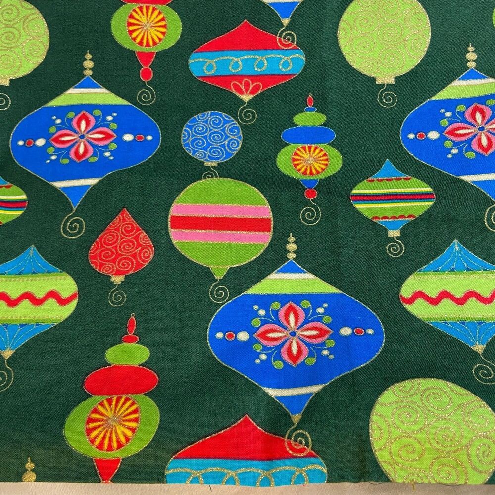 #8293 GREEN FABRIC WITH CHRISTMAS ORNAMENTS 40 in X 44 in fabric